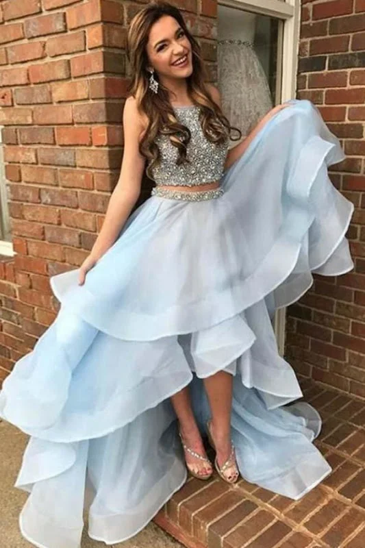 Light Blue Two Piece Beading High Low Prom Dresses Sparkly Sleeveless Evening Dress Tunics Trendy modern