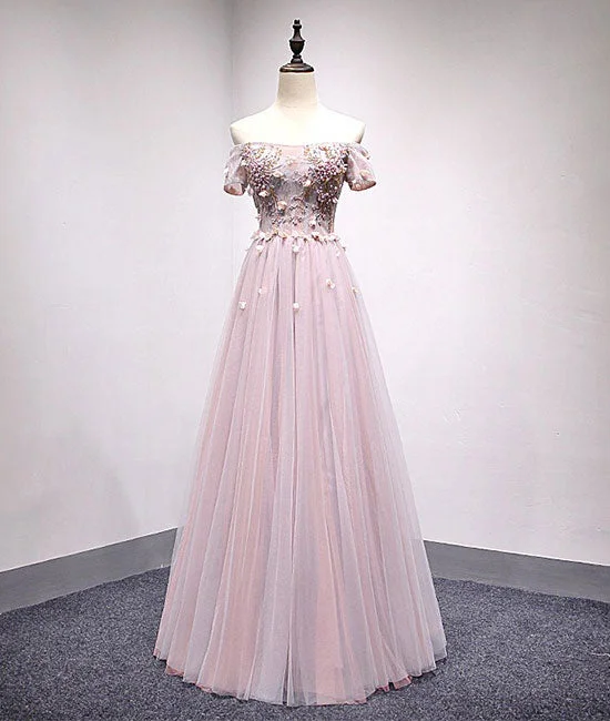 Light pink tulle lace applique long prom dress, tulle evening dress Tunics Seasonal trendy