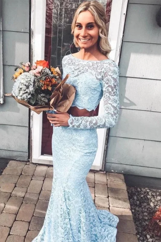 Light Sky Blue Sleeves Mermaid Two Piece Prom Dresses Long Lace Evening Dress Tunics Winter warm