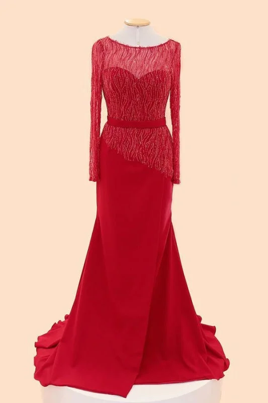 Long Red Beaded Cap Sleeves Prom Party Dresses Square Neckline Feminine