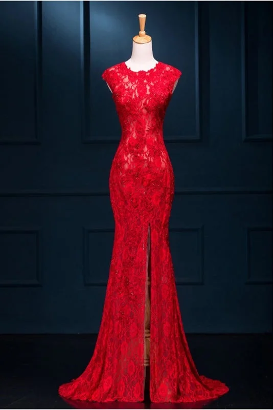 Long Pretty Red Lace Pretty Split Mermaid Prom Evening Dresses Tunics Occasion special