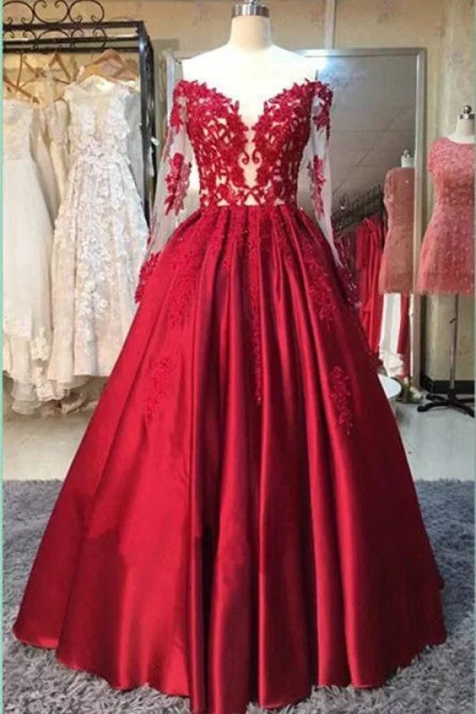 Long Sleeve Ball Gowns Red Stain Prom Dresses with Appliques Wedding Party Dress Tunics Stylish modern