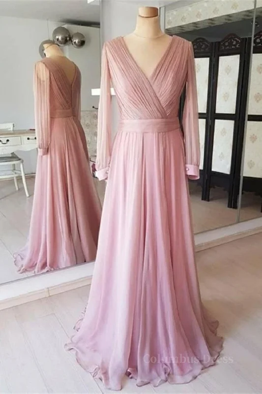 Long Sleeves V Neck Pink Chiffon Long Prom Dress, Long Sleeves Pink Bridesmaid Dress, Pink Formal Evening Dress Tunics Fashionable trendy