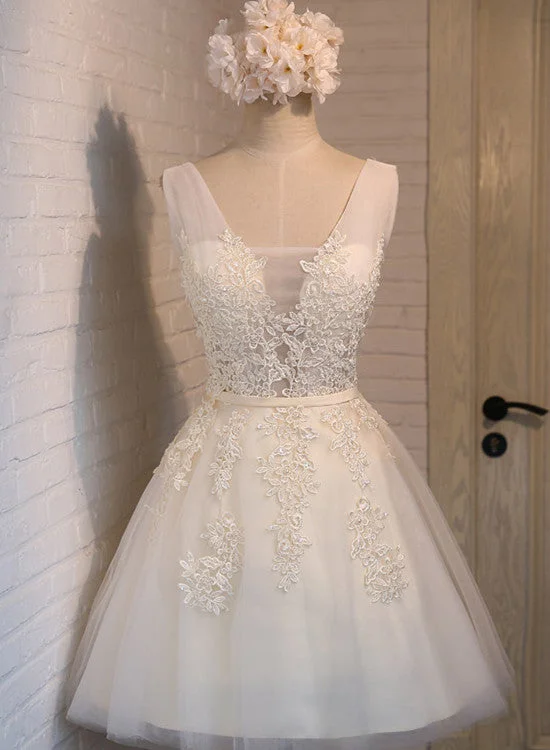 Lovely Short Tulle Party Dresses, White Homecoming Dresses, Short Prom Dress with Applique Cowl Neckline Elegant Lovely Short Tulle Party Dresses, White Homecoming Dresses, Short Prom Dress with Applique Cowl Neckline Elegant
