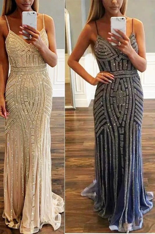 Luxurious Mermaid Spaghetti Straps V-Neck Sparkly Sweep Train Prom Party Dress Pleated Skirt Elegant