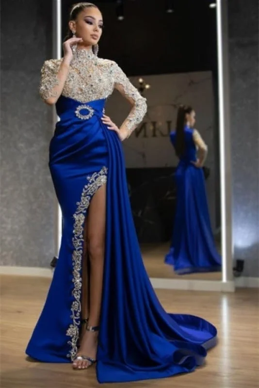 Luxury Halter Royal Blue Satin Mermaid Prom Dress Crystals Gold Appliques Party Dress with Long Sleeves Boat Neckline Classic