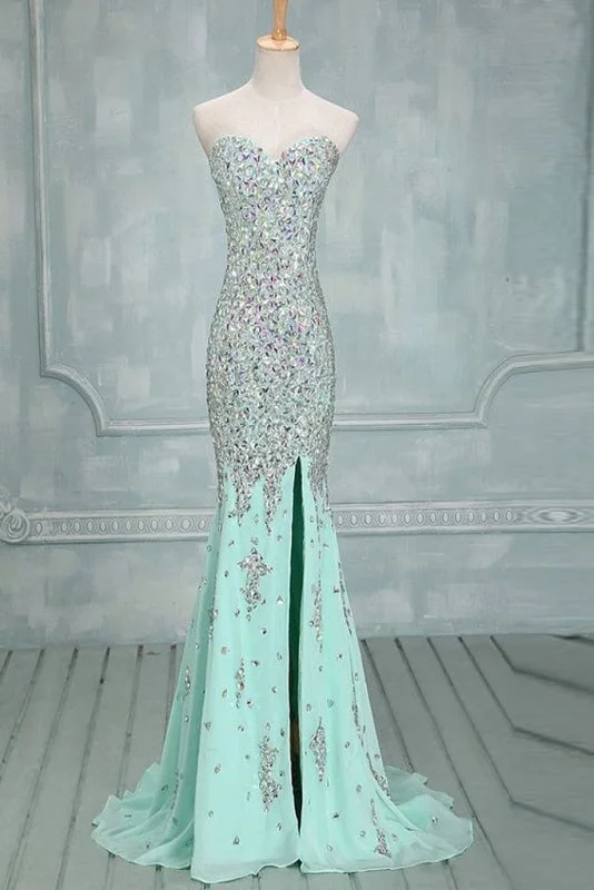 Mermaid Beaded Mint Front Split Long Prom Dress Evening Dresses Tunics Party sparkling