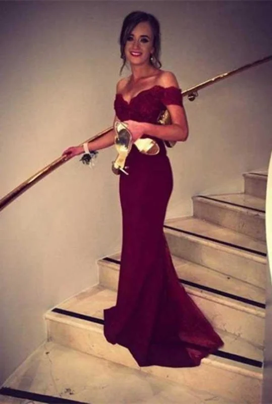 Mermaid Burgundy Off-the-Shoulder Chiffon Lace Prom/Evening Dress Tunics Distressed trendy