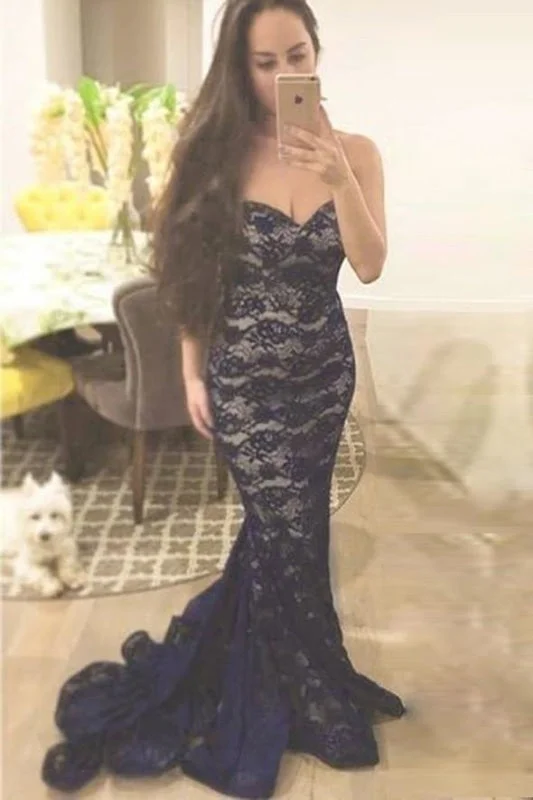 Mermaid Navy Blue Lace Sweetheart Prom Strapless Evening Dress Turtleneck Neckline Stylish