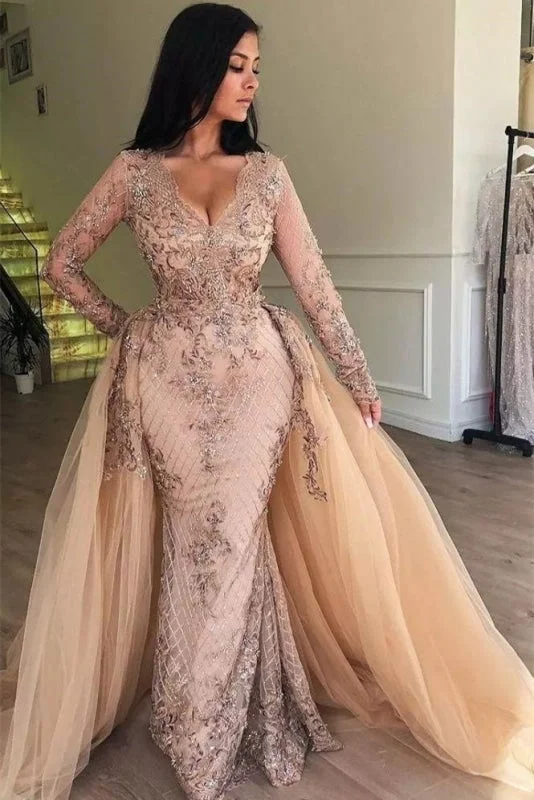 Mermaid V-neck Long Sleeves Prom Dresses with Detachable Skirt Lace Appliques Party Dress Mermaid Tail Wedding