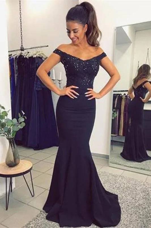 Navy Blue Off The Shoulder Mermaid Stretch Evening Dresses with Lace Beads Tunics Fleece cozy