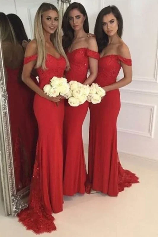 Off Shoulder Mermaid Red Bridesmaid with Lace Sequins Stylish Wedding Party Dress Tunics Yoga stretchy