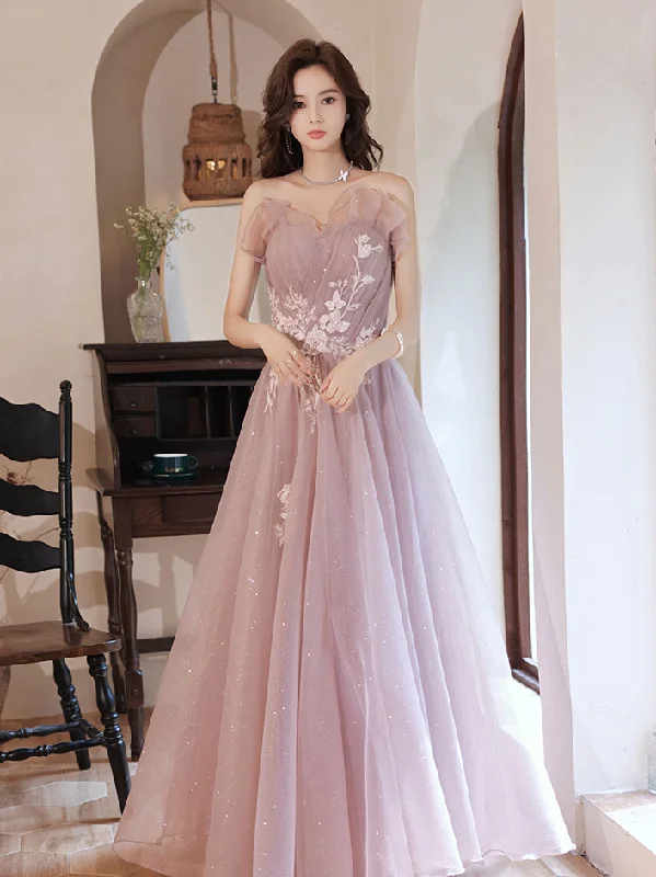Pink A line Tulle Lace Applique Long Prom Dress, Pink Evening Dresses Tunics Fashionable trendy Pink A line Tulle Lace Applique Long Prom Dress, Pink Evening Dresses Tunics Fashionable trendy