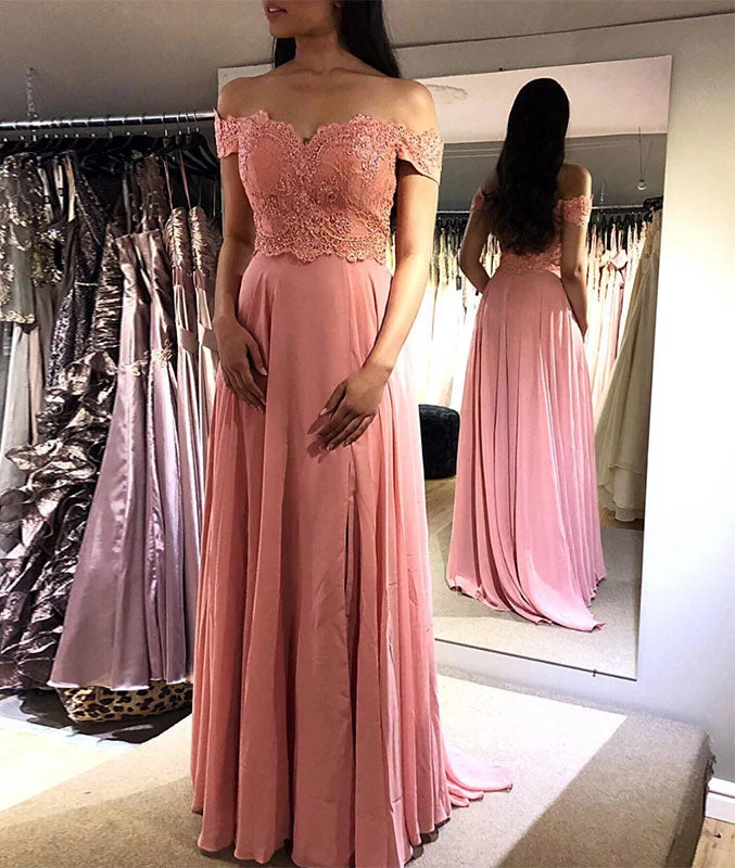 Pink chiffon lace long prom dress, pink lace evening dress Satin Halter Glamorous