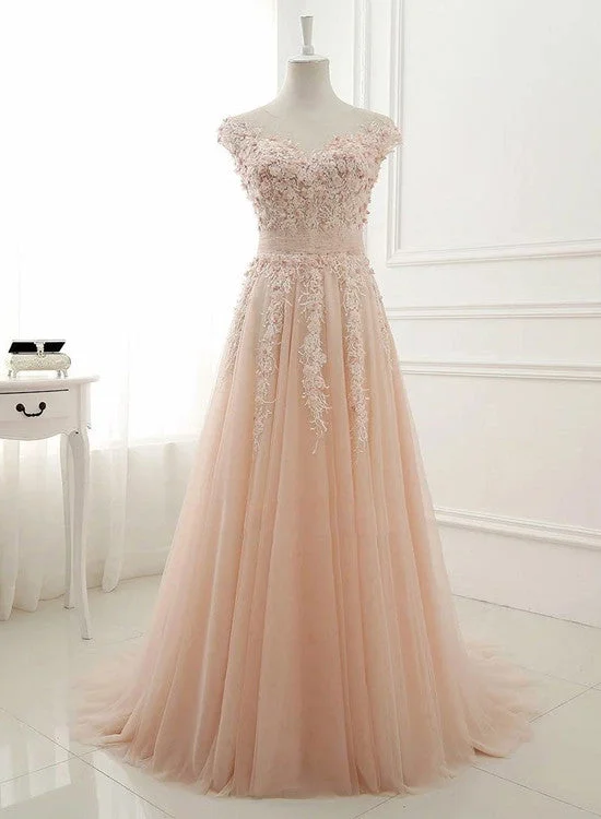 Pink Lace and Tulle Elegant A-line Floor Length Wedding Party Dress, Soft Pink Party Dress, Formal Dresses Tunics Luxurious high-end Pink Lace and Tulle Elegant A-line Floor Length Wedding Party Dress, Soft Pink Party Dress, Formal Dresses Tunics Luxurious high-end