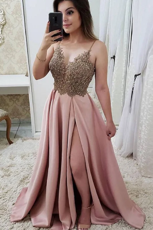 Pink lace long prom dress, pink lace evening dress Tunics Seasonal trendy