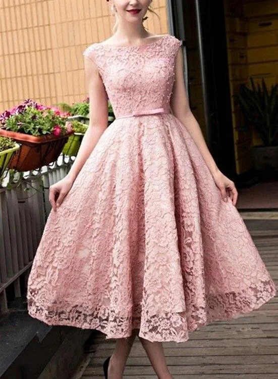 Pink Lace Tea Length Formal Dress, Beautiful Pink Prom Dresses, Lovely Party Dresses Crew Neckline Sporty Pink Lace Tea Length Formal Dress, Beautiful Pink Prom Dresses, Lovely Party Dresses Crew Neckline Sporty