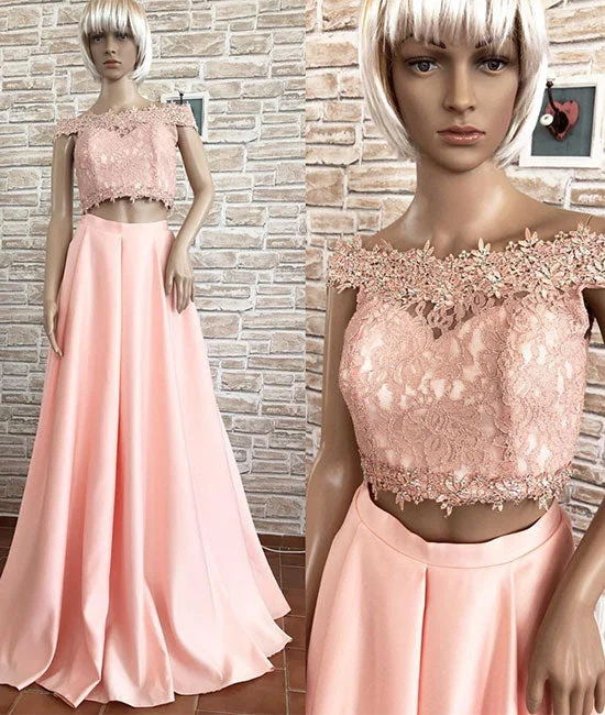 Pink off shoulder lace two pieces long prom dress, pink lace evening dress Tunics Top Casual