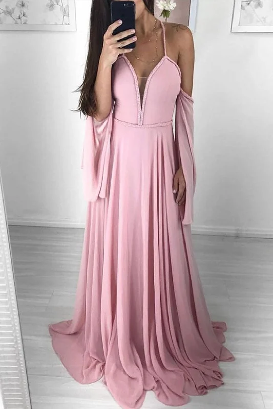 Pink sweetheart chiffon long prom dress, pink evening dress Tunics Summer linen