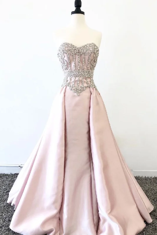 pink sweetheart neck beads long prom dress, pink evening dress Tunics Top Casual