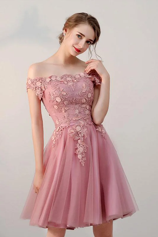 Pink tulle lace short prom dress, pink tulle lace evening dress Tunics Denim casual