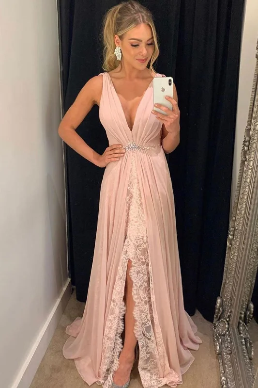 Pink v neck chiffon lace long prom dress, pink evening dress Tunics Review highly