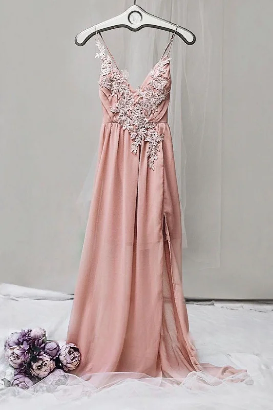 Pink v neck chiffon lace long prom dress, pink evening dress Tunics Summer linen