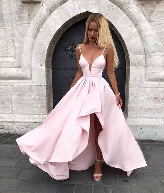 Pink v neck satin long prom dress, pink evening dress Boat Neckline Classic