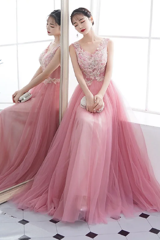 Pink v neck tulle lace long prom dress, pink tulle evening dress Tunics Travel practical