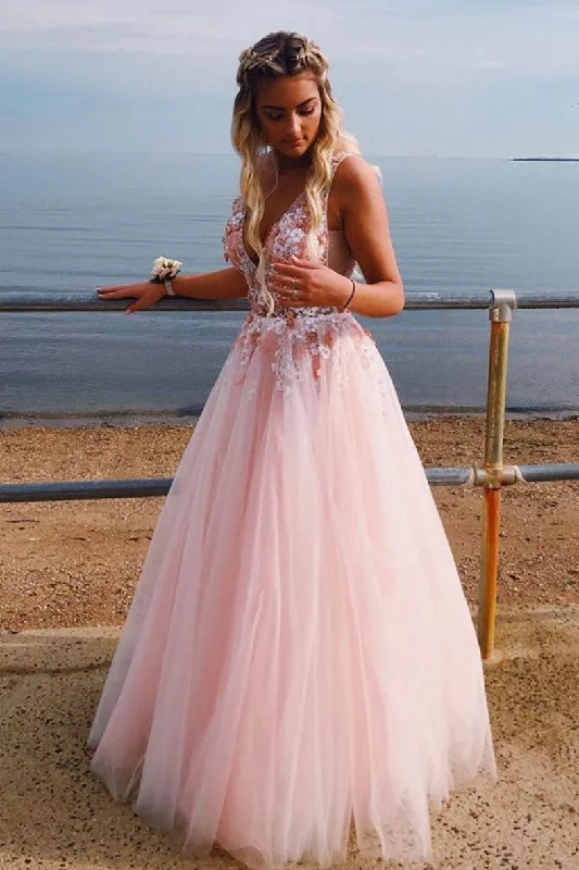 Pink v neck tulle lace long prom dress, pink tulle evening dress Tunics Trendy modern