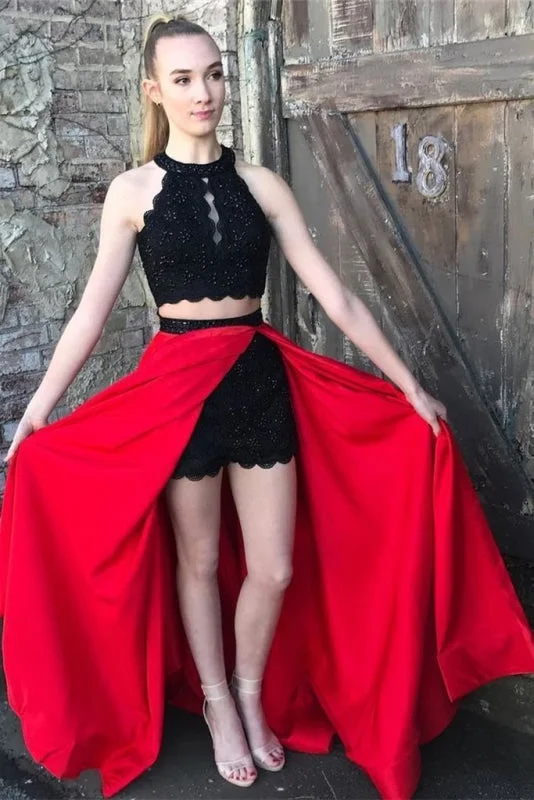 Red and Black A-line Jewel Split Sleeveless Lace Long Prom Party Dress Tunics Handmade artisanal