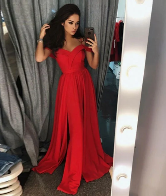 Red off shoulder long prom dress, red evening dress Off-the-shoulder Chic Trendy