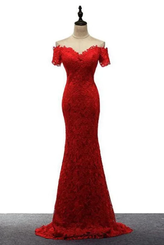 Red Off the Shoulder Mermaid Lace Prom Sweep Train Long Evening Dresses Tunics Favorite customer