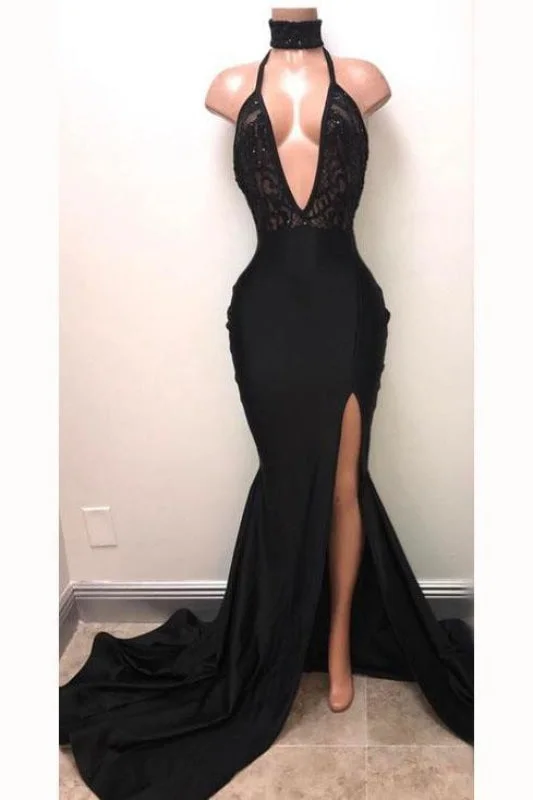 Sexy Black Straps Deep V-neck Mermaid Split Sleeveless Evening Dress with Lace Tunics Running lightweight