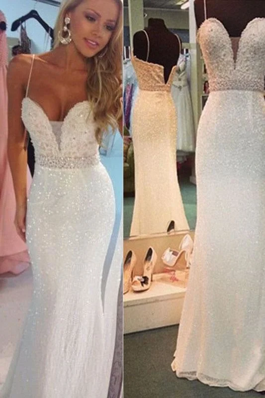 Sexy White Beaded Spaghetti Straps Mermaid Evening Party Dresses Sparkly Prom Gown Chiffon Maxi Beach