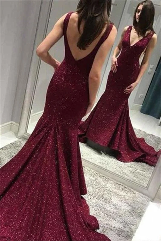 Shiny Deep V Neck Mermaid Evening Dress Sequins Backless Sweep Train Prom Dresses Tunics Sophisticated sleek