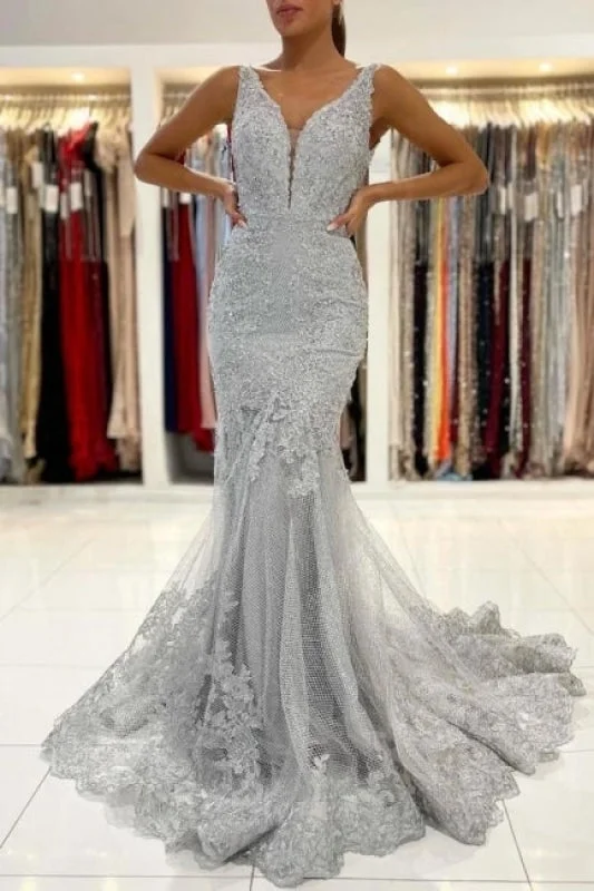 Silver Lace Mermaid Evening Dress with Long Sleeveless Boatneck Modish Everyday