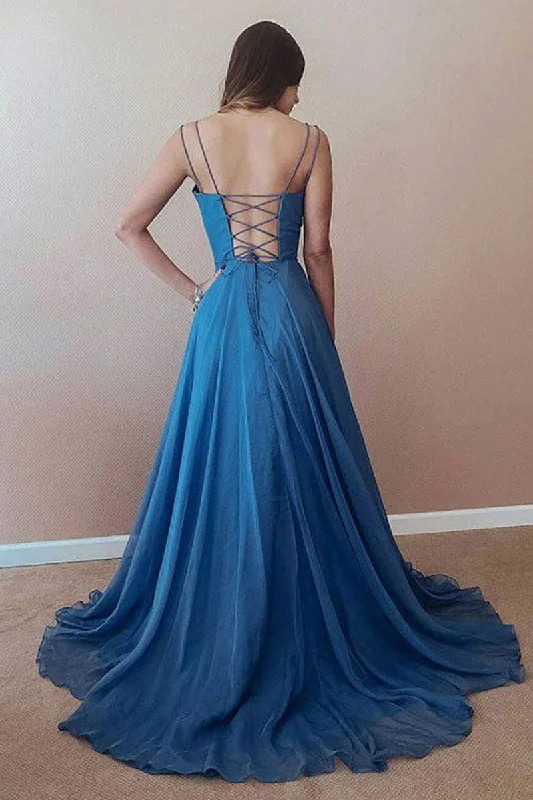 Simple blue chiffon long prom dress, blue backless evening dress Tunics Solid Classic