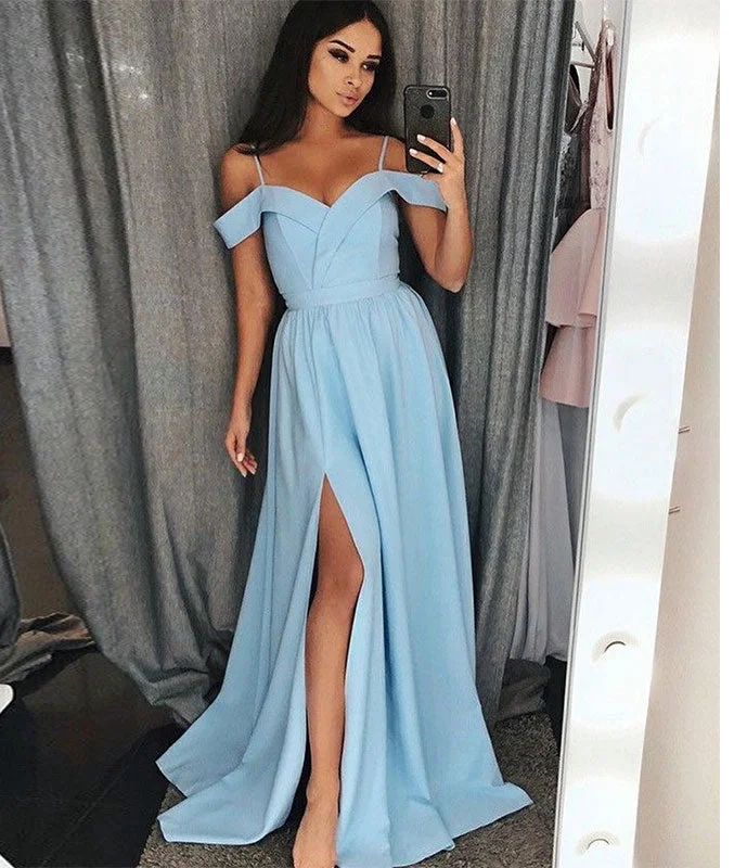 Simple blue long prom dress, blue evening dress Tunics Sale discount