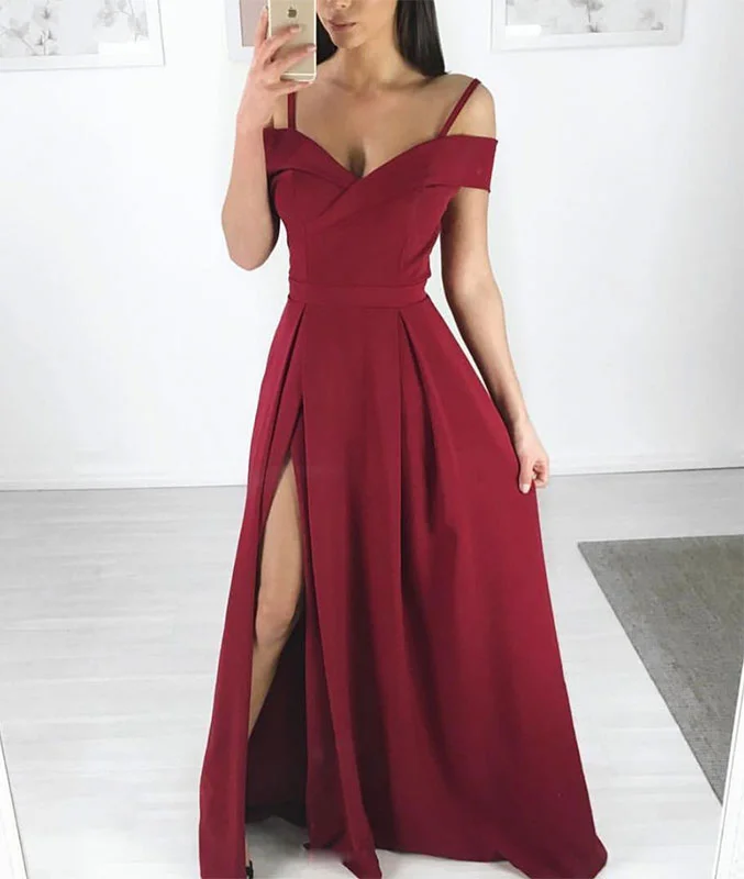 Simple burgundy long prom dress, burgundy evening dress Tunics Chic elegant