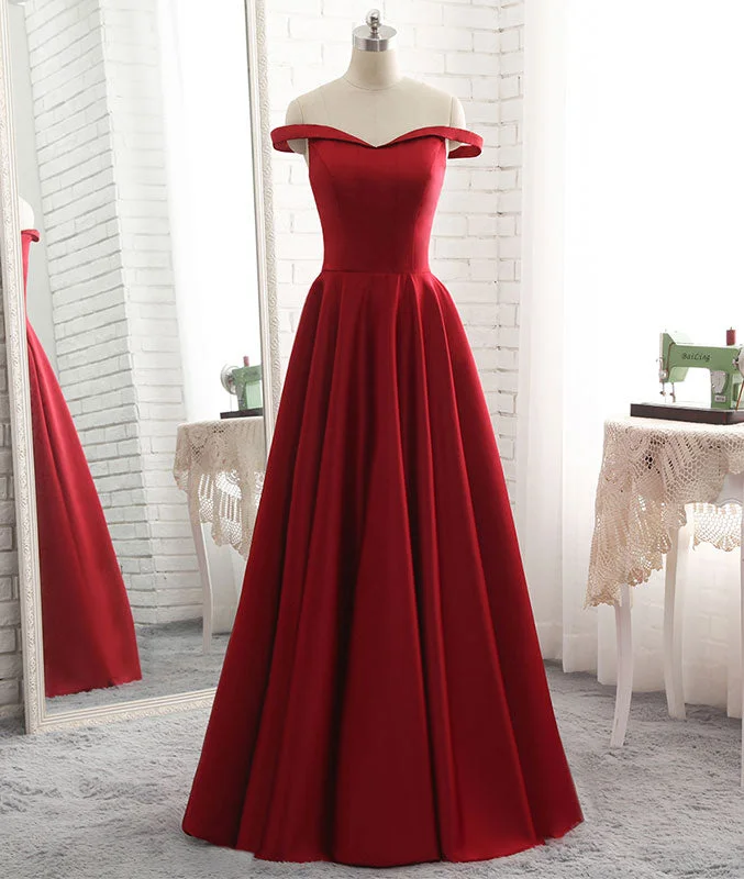 Simple burgundy off shoulder long prom dress, burgundy evening dress Tunics Summer linen