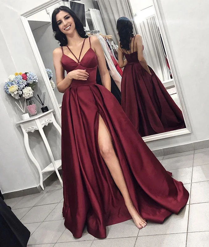 Simple burgundy satin long prom dress, burgundy satin evening dress Tunics Stylish elegant