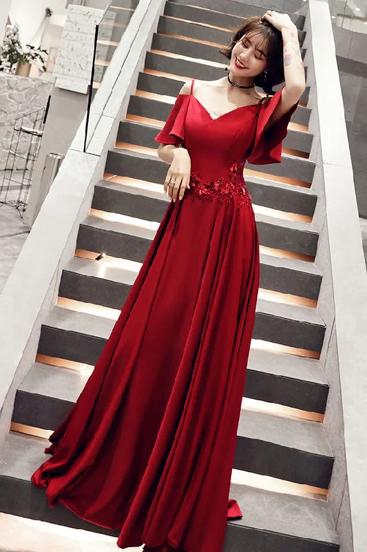 Simple burgundy v neck satin long prom dress, burgundy evening dress Tunics Chinos classic