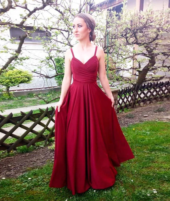 Simple chiffon burgundy long prom dress, burgundy evening dress Tunics Versatile stylish