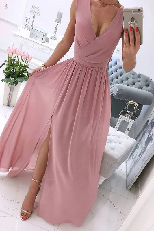 Simple chiffon pink long prom dress, pink evening dress Tunics Sale discount