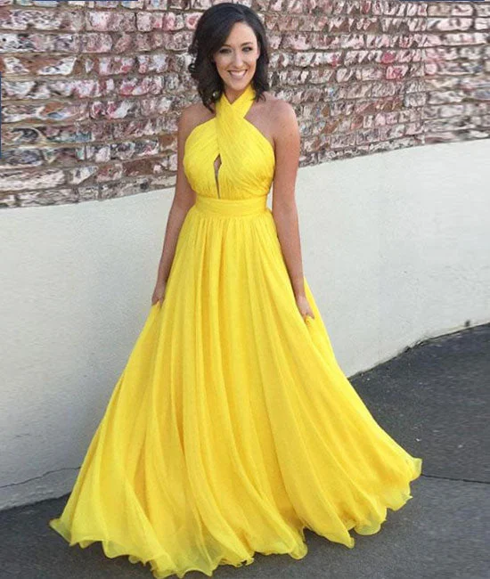 Simple chiffon yellow long prom dress, chiffon evening dress Crew Neckline Casual