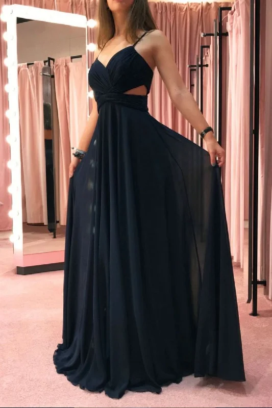 Simple dark blue chiffon long prom dress blue evening dress Tunics Modern contemporary