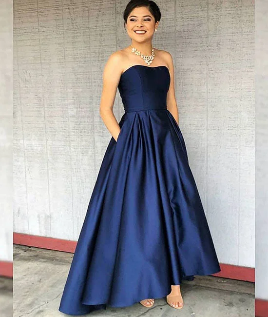 Simple dark blue satin prom dress, dark blue evening dress Tunics Running lightweight