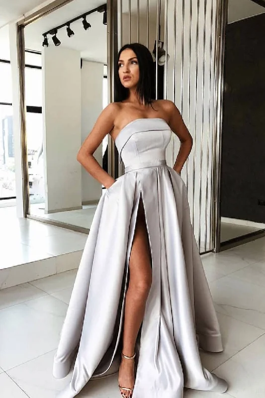 Simple gray satin long prom dress, gray evening dress Tunics Leisure comfortable