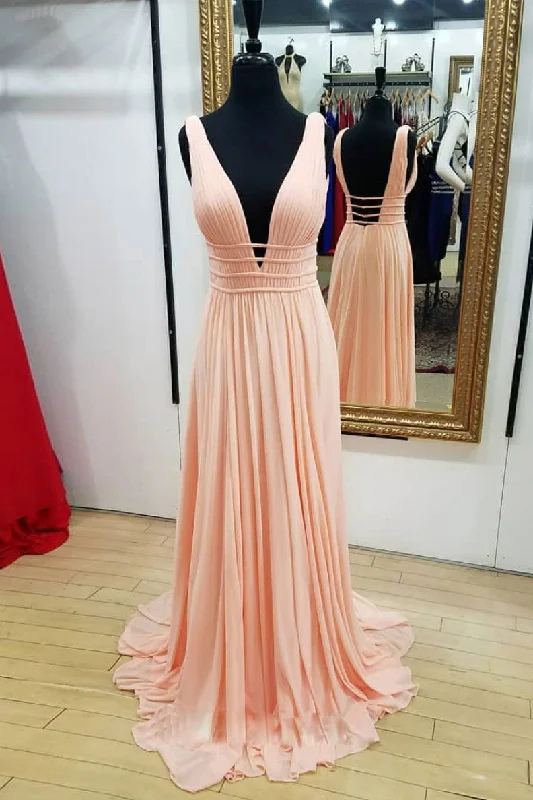 Simple pink chiffon long prom dress, pink evening dress Tunics Fashionable trendy